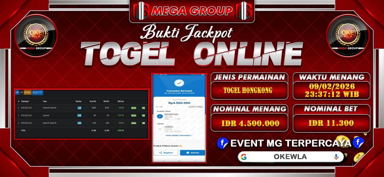 Bukti JP situs Okewla hari Senin, 09 Februari 2026